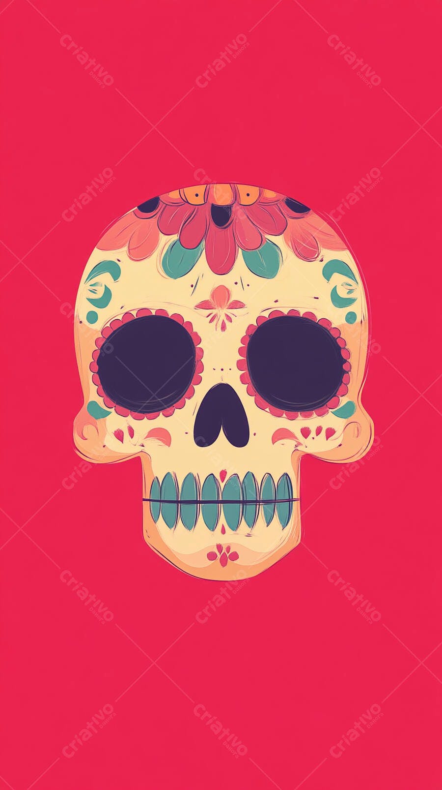 Caveira Mexicana Colorida Dia de Los Muertos Fundo Vermelho
