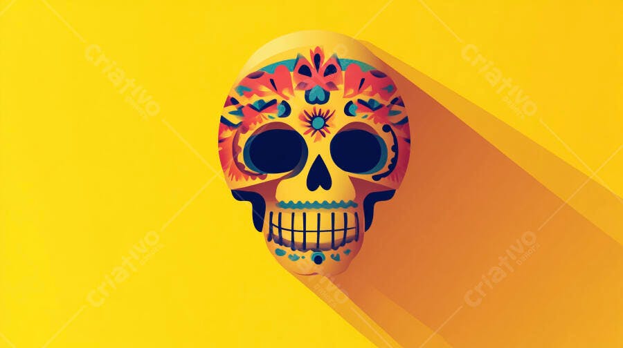 Caveira Mexicana Colorida Dia dos Mortos Ilustração 3D Fundo Amarelo