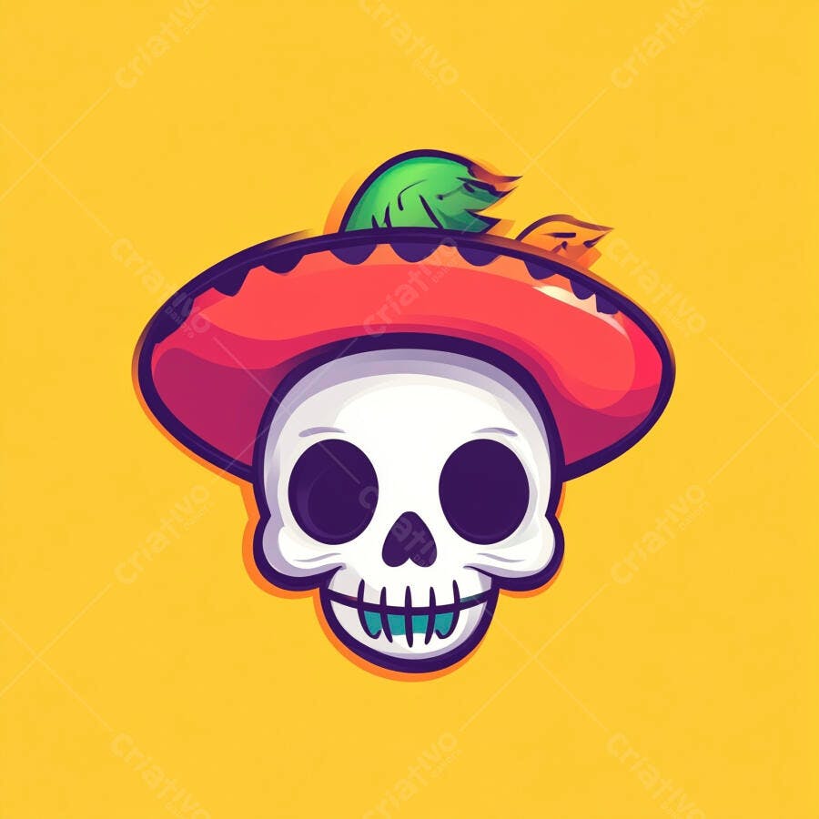 Caveira Mexicana Sombrero Colorido Ilustração Vetorial