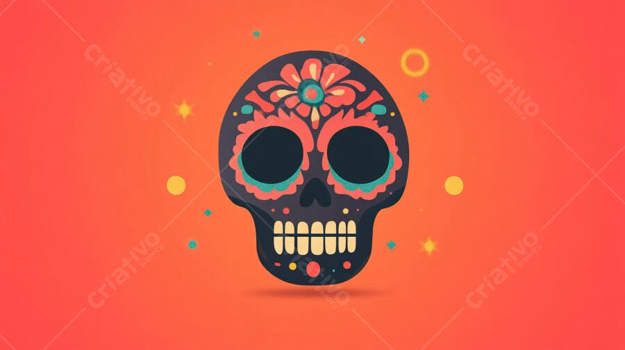 Ilustração Caveira Mexicana Dia dos Mortos Fundo Laranja