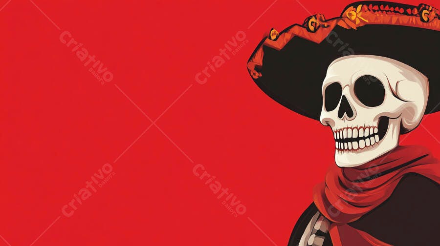 Caveira Mexicana Sombrero Dia dos Mortos Fundo Vermelho
