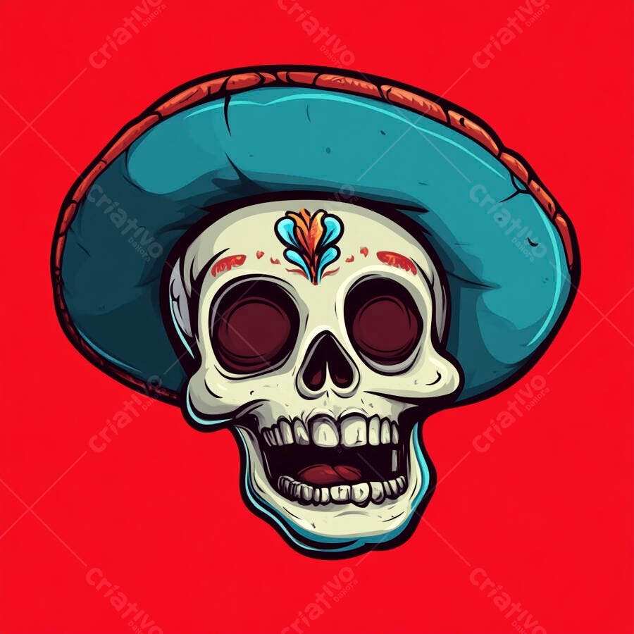 Caveira Mexicana Sombrero Azul Dia dos Mortos Ilustração