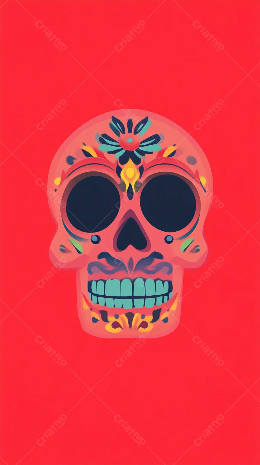 Caveira Mexicana Colorida Dia dos Mortos Fundo Vermelho