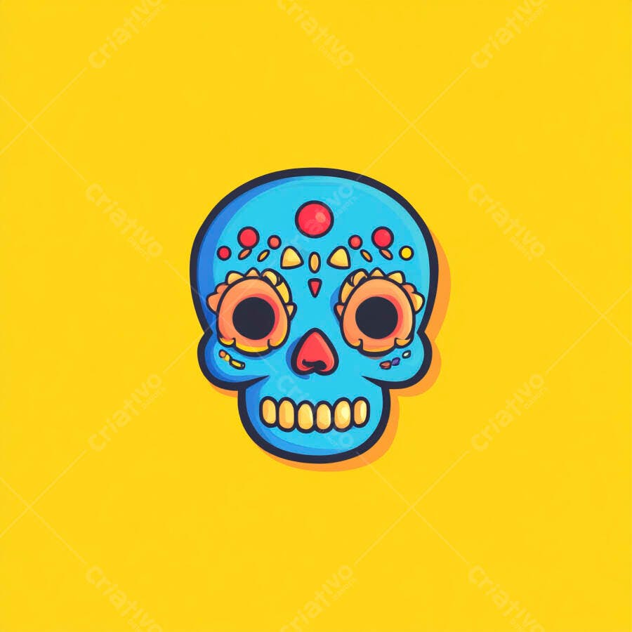 Ilustração Caveira Mexicana Azul Dia dos Mortos Fundo Amarelo