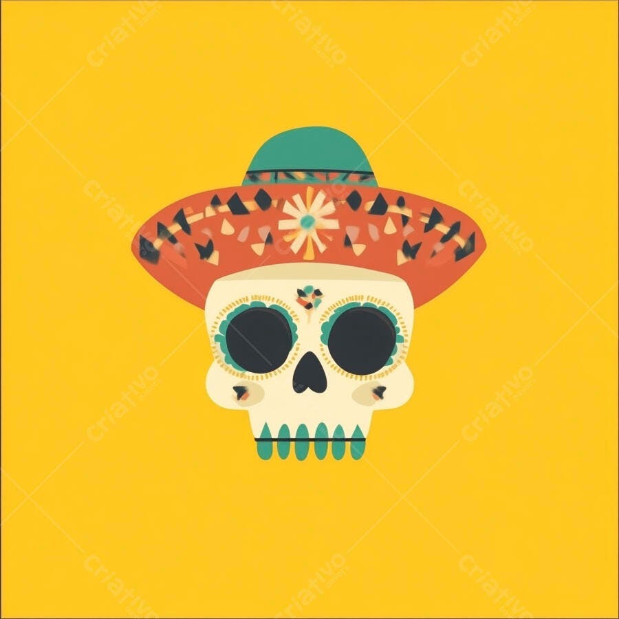 Caveira Mexicana Sombrero Dia dos Mortos Ilustração Amarelo