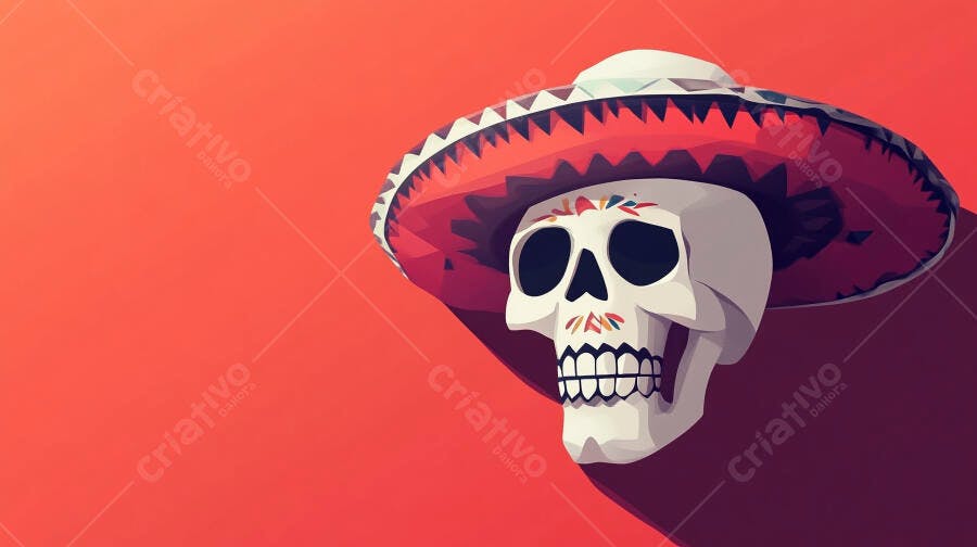 Caveira Mexicana Sombrero Dia de Los Muertos Fundo Vermelho