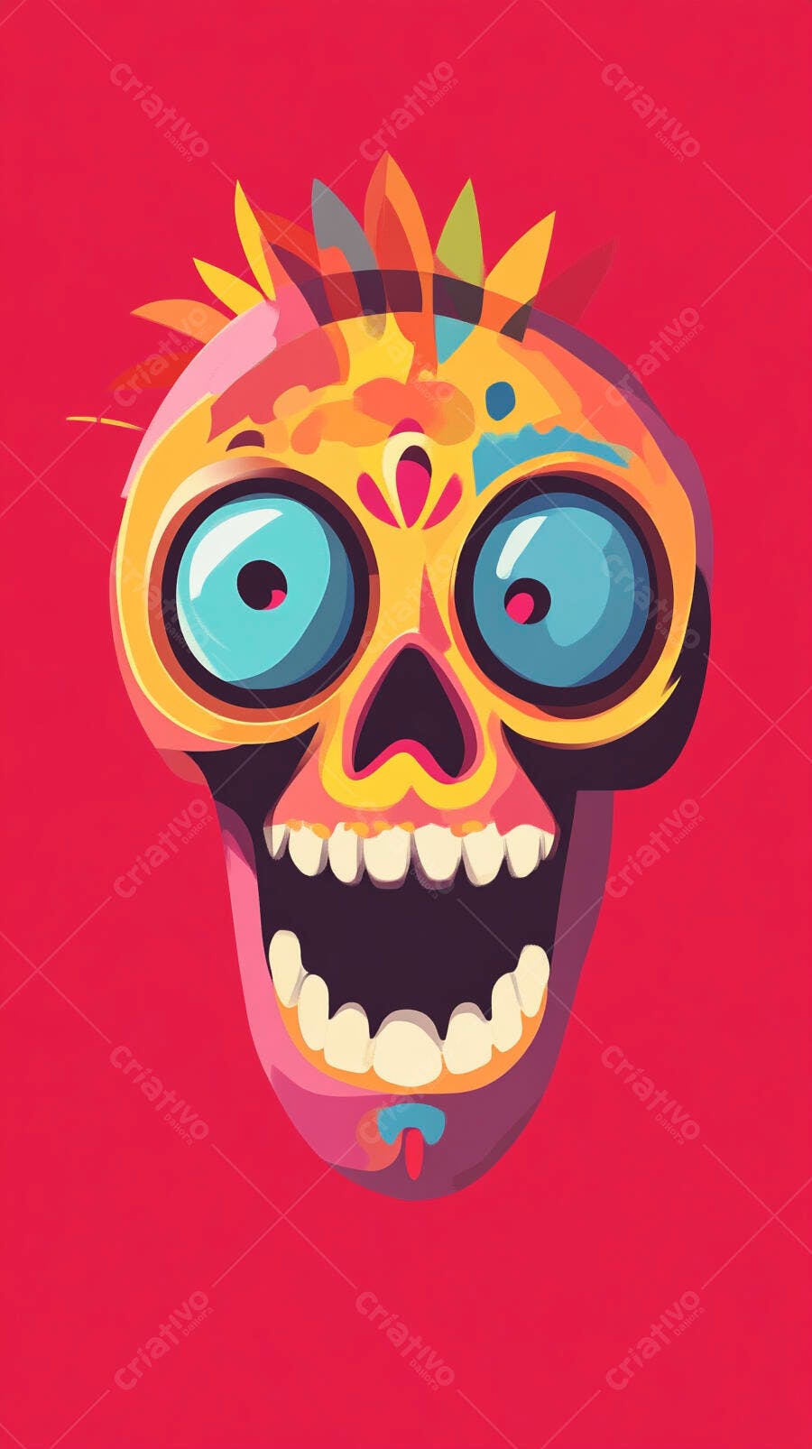 Caveira Mexicana Colorida Dia de Los Muertos Fundo Vermelho