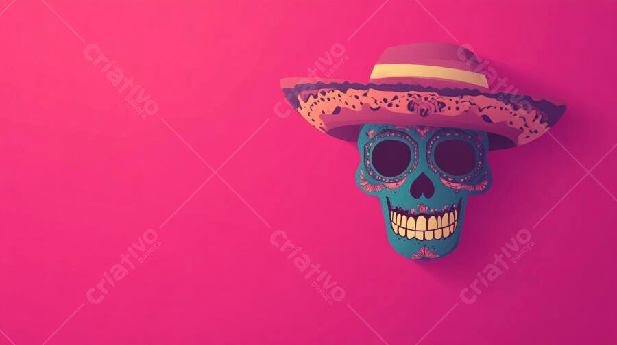 Foto Caveira Mexicana Sombrero Dia dos Mortos Fundo Rosa