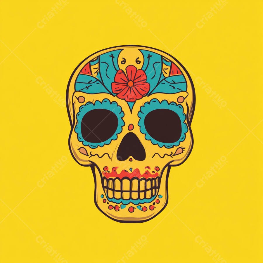 Caveira Mexicana Colorida Dia dos Mortos Ilustração Amarela