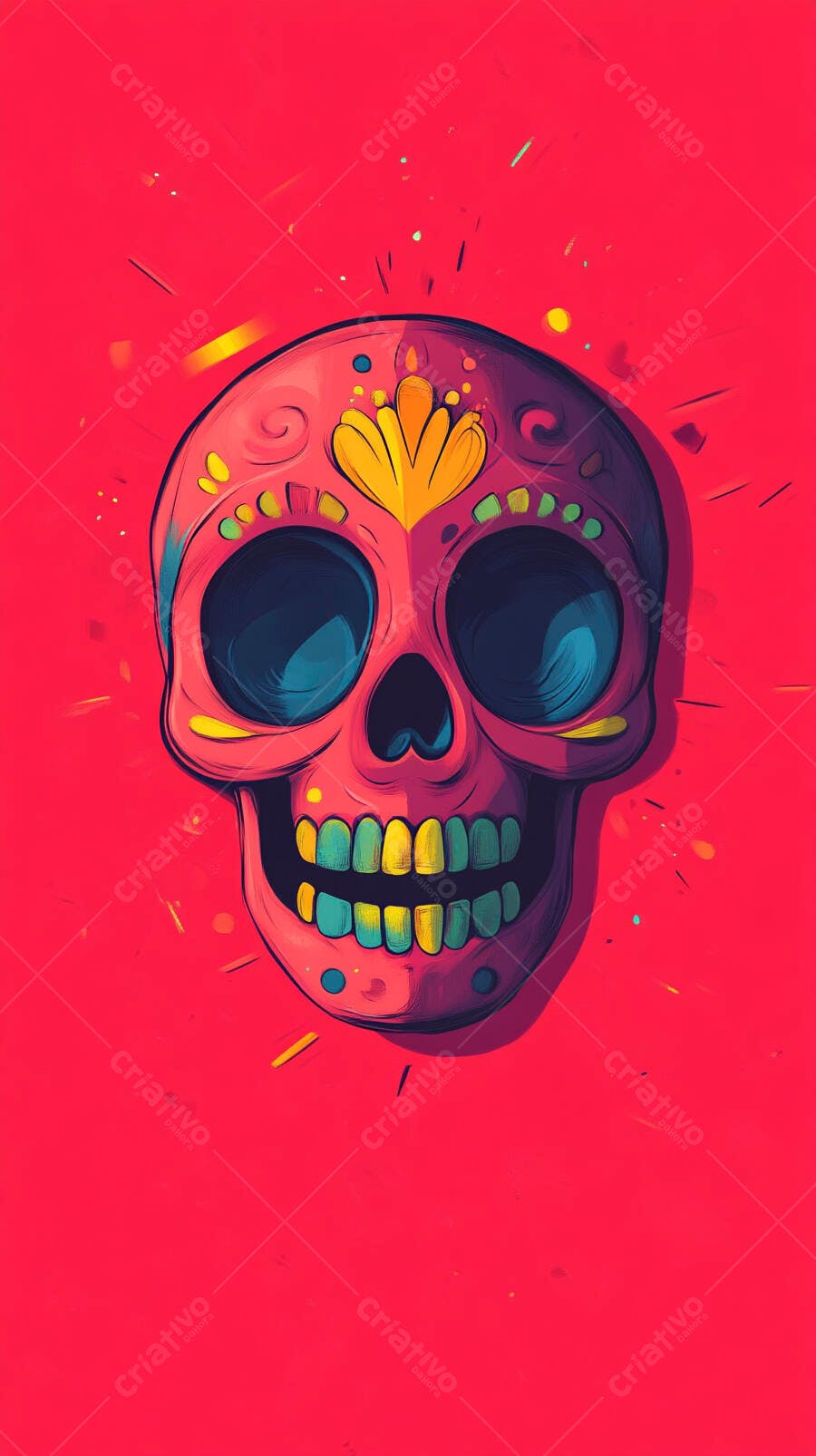 Foto Caveira Mexicana Colorida Dia dos Mortos Fundo Vermelho