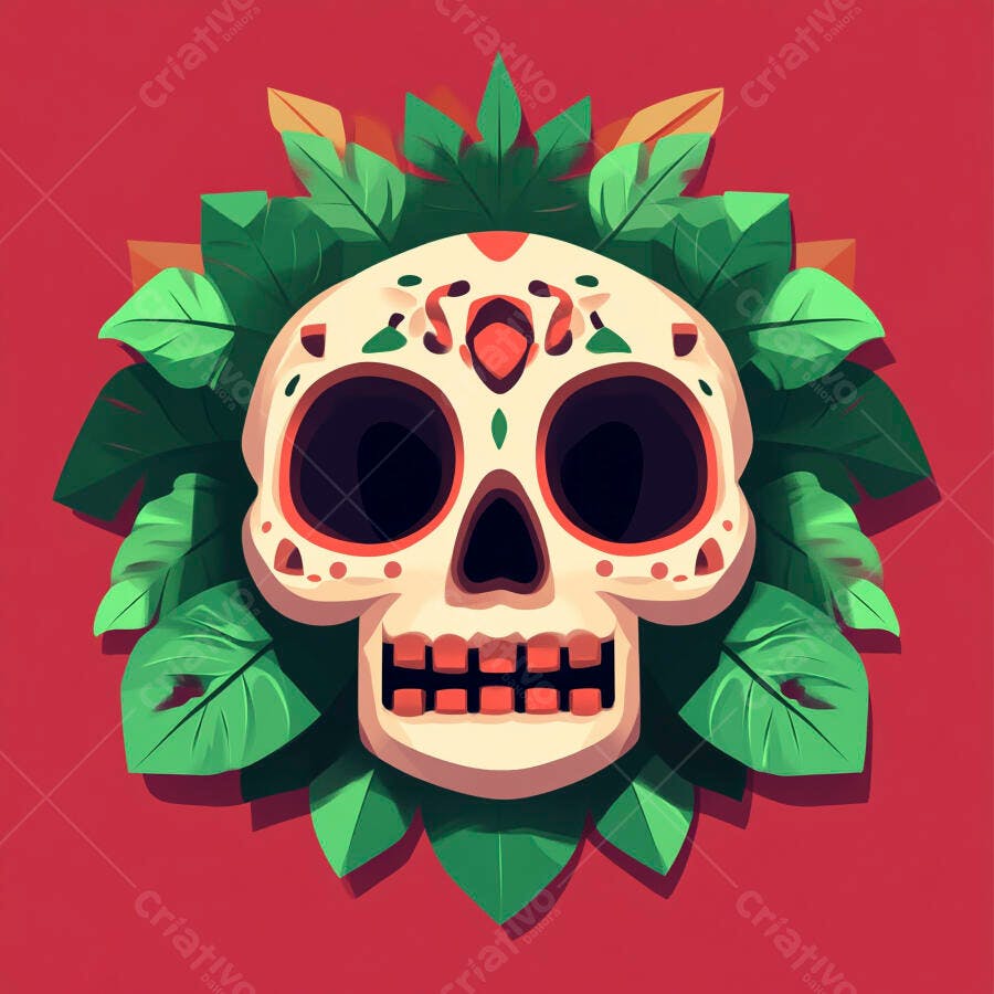 Caveira Mexicana Dia dos Mortos Ilustração Fundo Vermelho