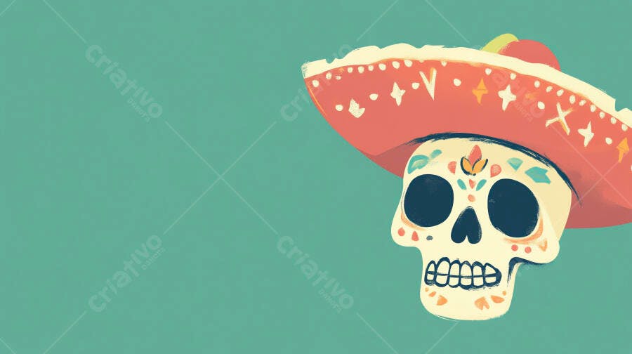 Caveira Mexicana Sombrero Fundo Verde Água Dia dos Mortos