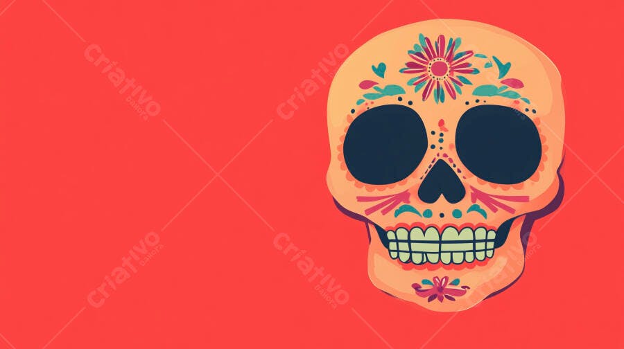 Ilustração Caveira Mexicana Dia dos Mortos Fundo Vermelho