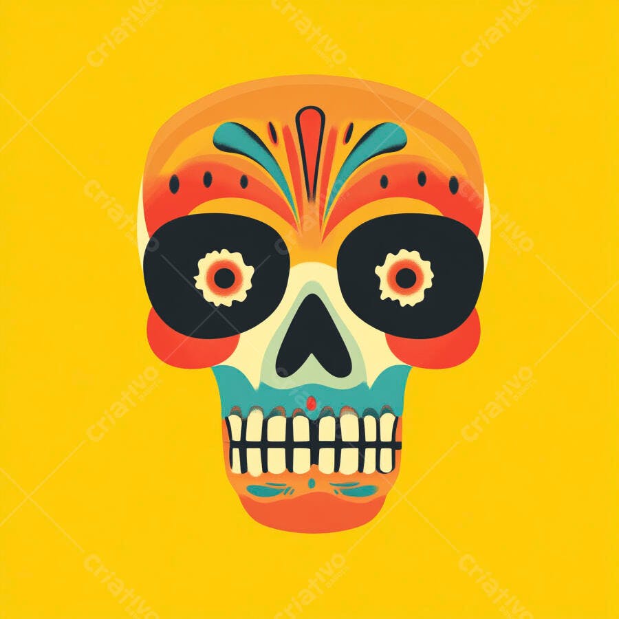 Ilustração Caveira Mexicana Colorida Dia de Los Muertos