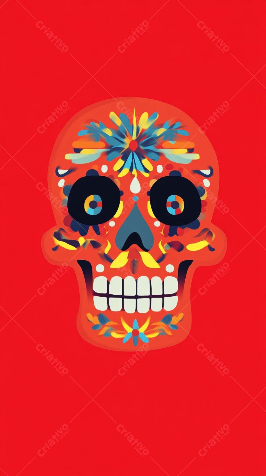 Caveira Mexicana Colorida Dia dos Mortos Fundo Vermelho