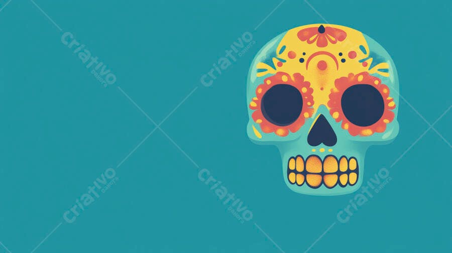 Ilustração Caveira Mexicana Colorida Fundo Azul Dia dos Mortos