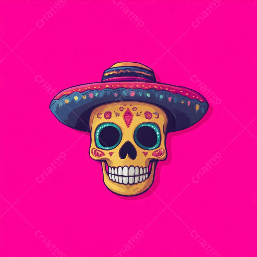 Ilustração Caveira Mexicana Sombrero Dia dos Mortos Colorida