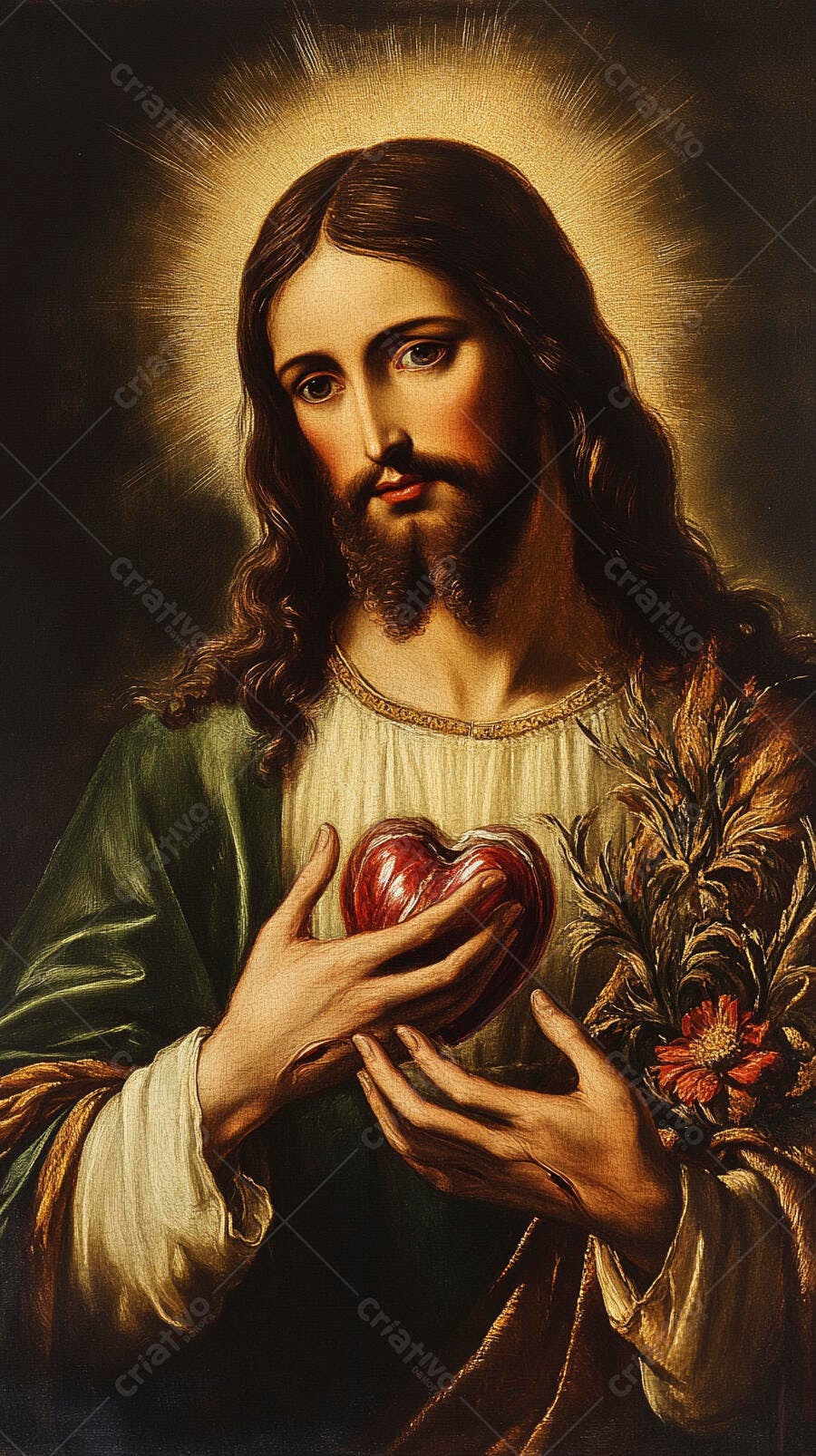 Pintura Jesus Cristo Sagrado Coração com Auréola