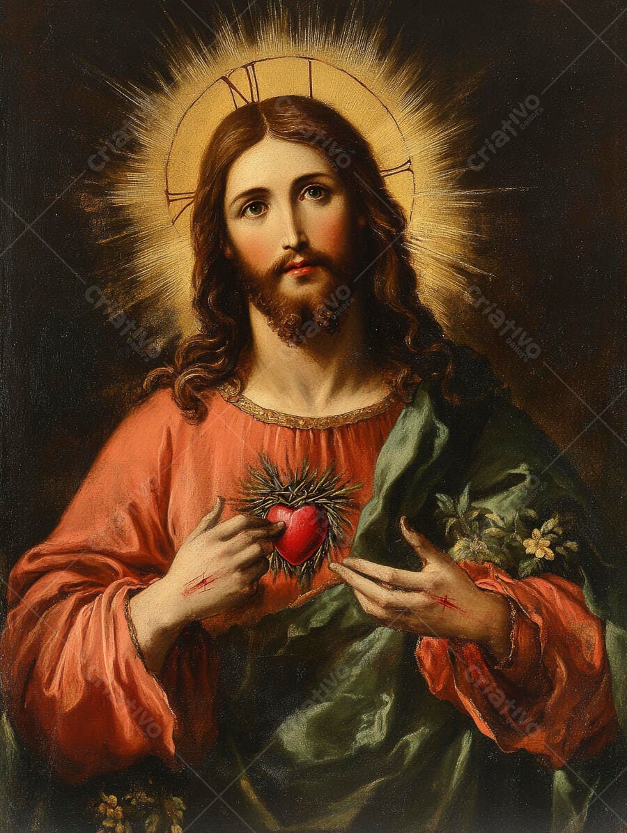 Pintura Jesus Cristo Sagrado Coração com Auréola