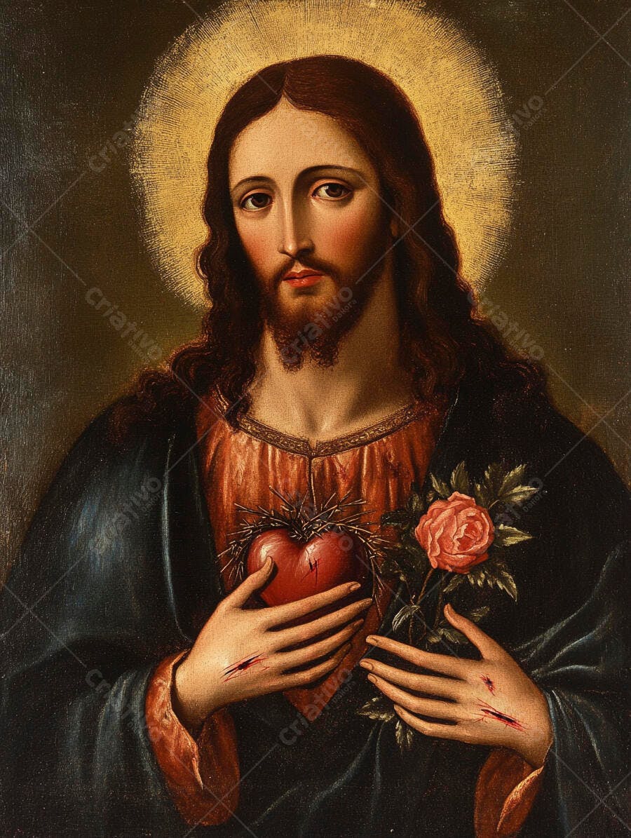 Foto Jesus Cristo Sagrado Coração Rosa Vermelha Pintura Clássica