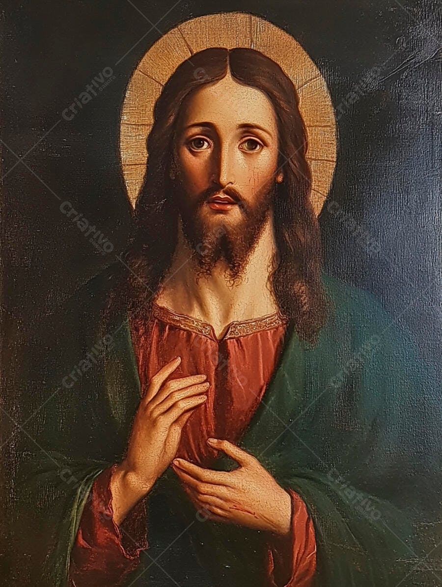 Pintura Jesus Cristo com Auréola Olhar Sereno Arte Religiosa