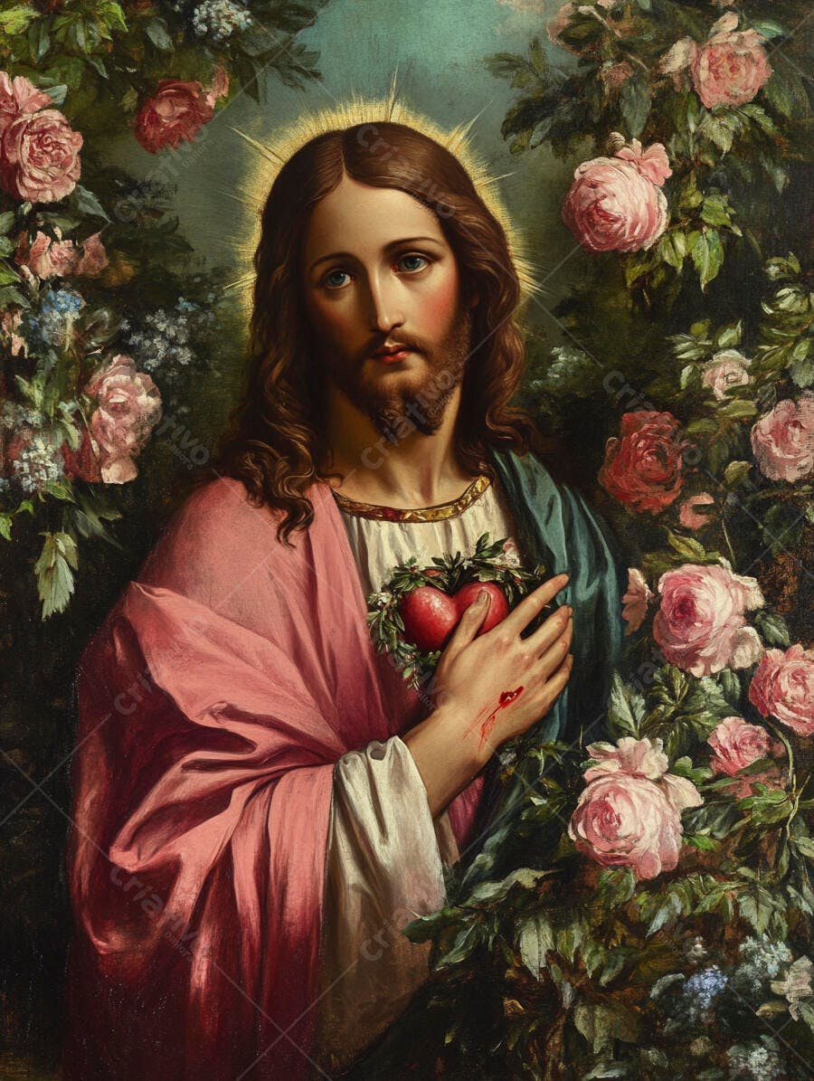 Foto Jesus Cristo Sagrado Coração Rosas Pintura Clássica