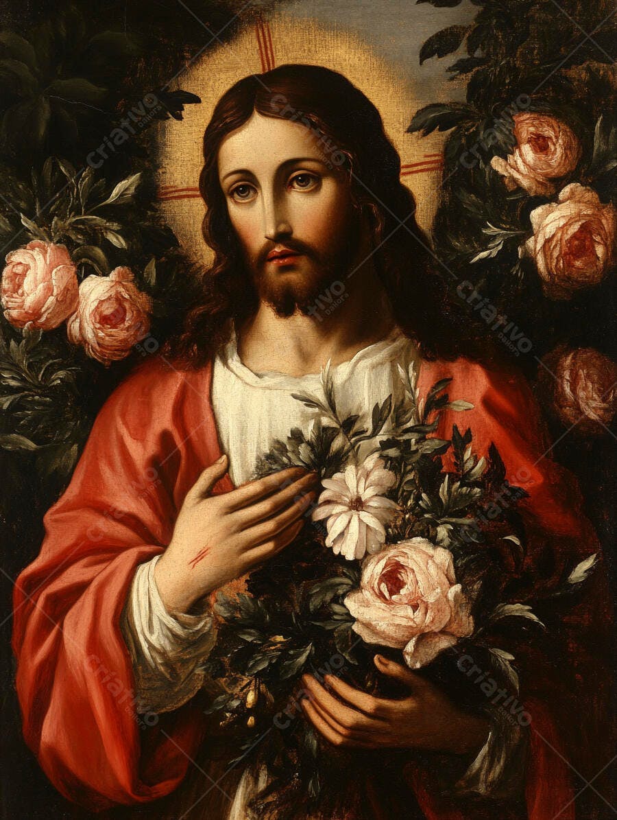 Jesus Cristo Pintura Clássica Rosas Brancas Arte Religiosa