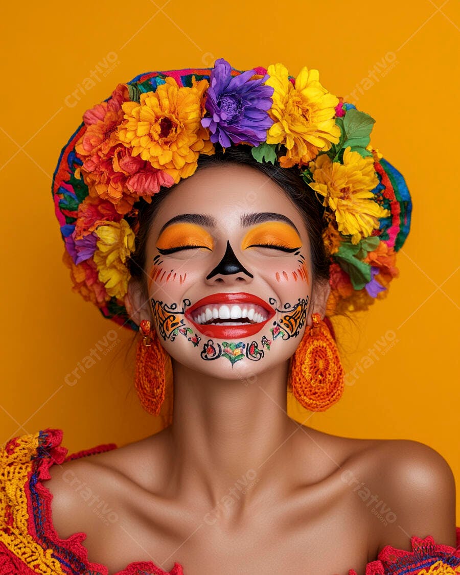 Foto Mulher Maquiagem Dia dos Mortos Sorrindo Flores Coloridas