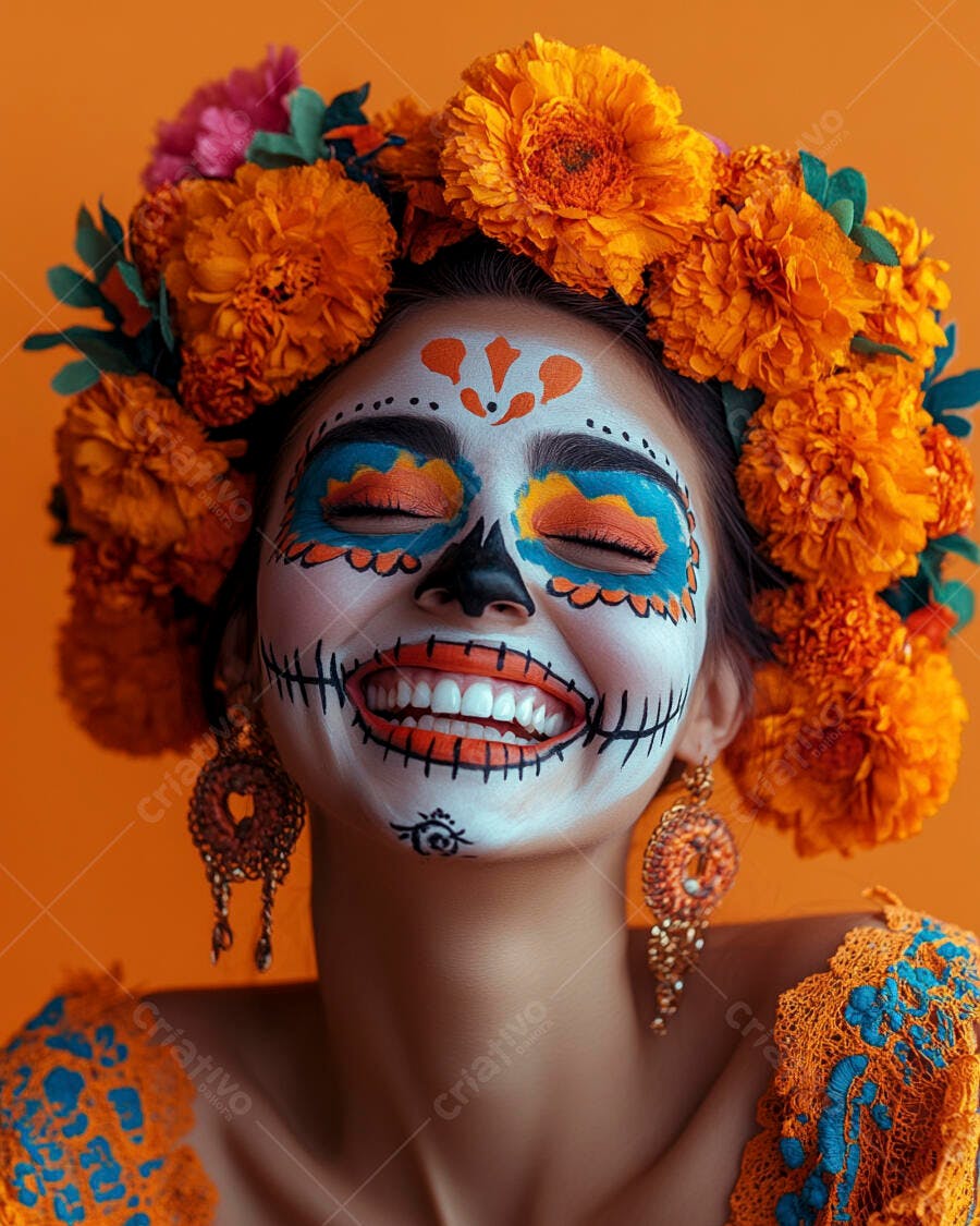 Foto Mulher Maquiagem Dia dos Mortos Catrina Flores Laranjas