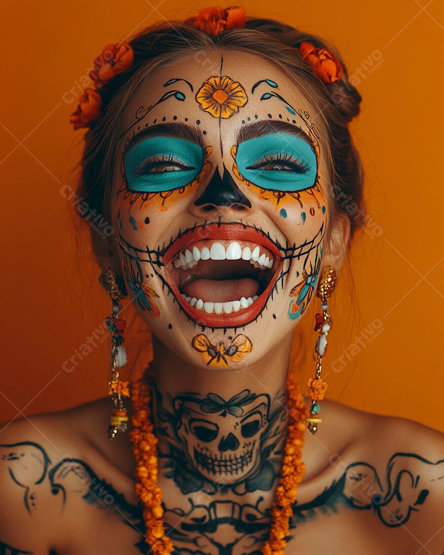 Foto Mulher Maquiagem Caveira Mexicana Dia dos Mortos Sorrindo