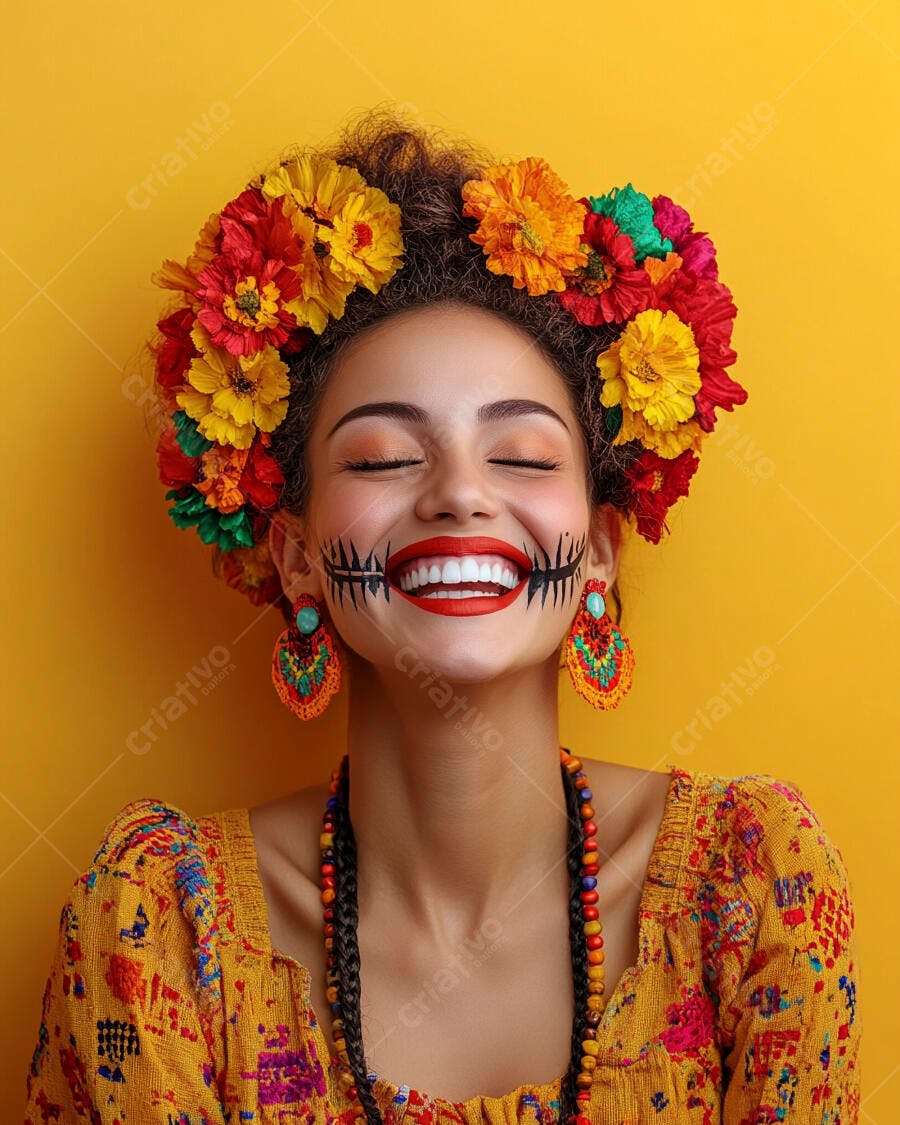 Foto Mulher Maquiagem Dia dos Mortos Flores Sorrindo