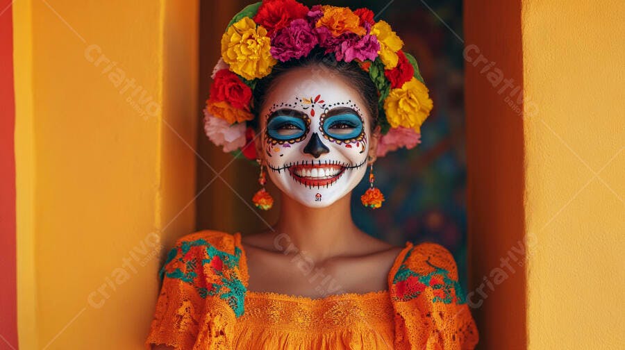 Foto Mulher Mexicana Maquiagem Catrina Dia dos Mortos Flores