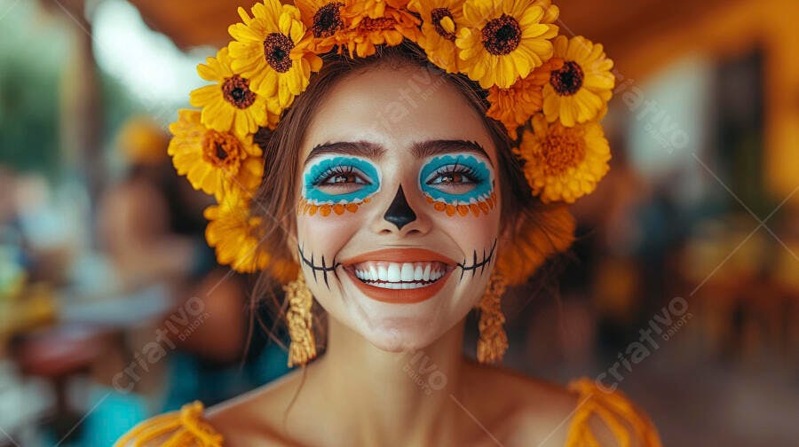 Foto Mulher Maquiagem Caveira Mexicana Dia de Los Muertos