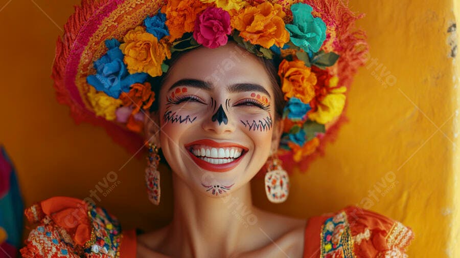 Foto Mulher Maquiagem Dia dos Mortos Sorrindo Flores Coloridas