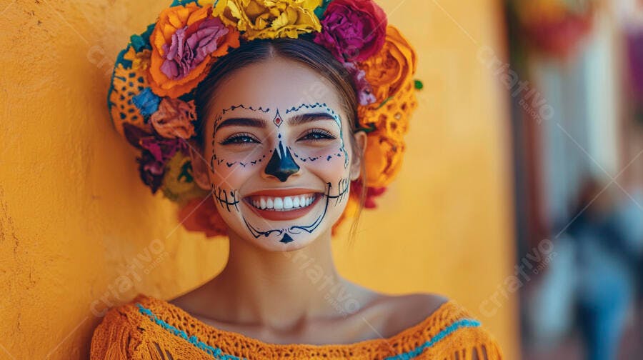 Foto Mulher Maquiagem Caveira Mexicana Sorrindo Dia dos Mortos
