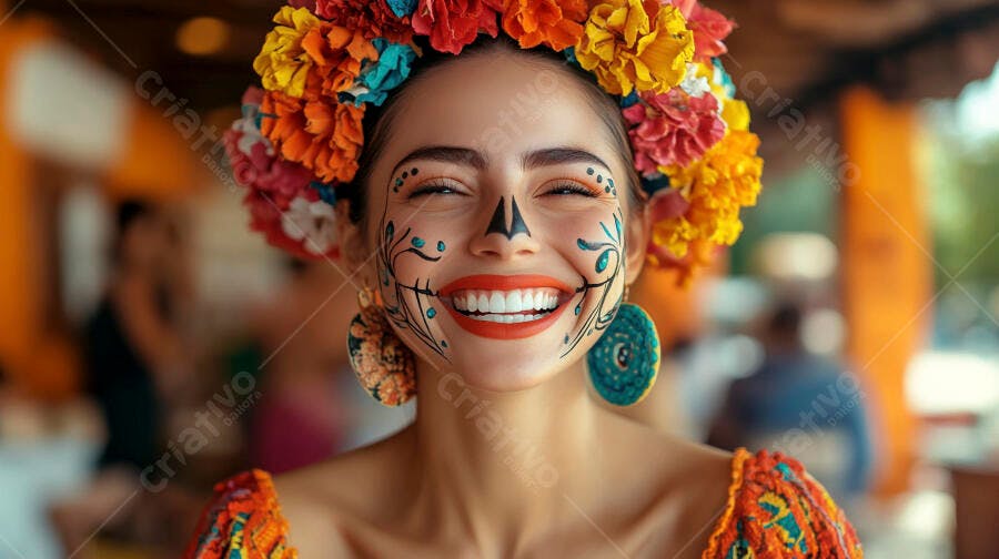 Foto Mulher Maquiagem Caveira Mexicana Flores Coloridas Sorrindo
