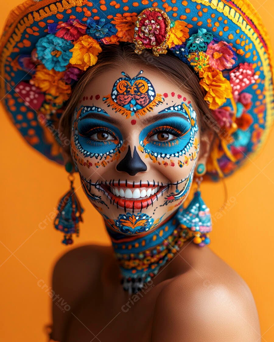 Foto Mulher Maquiagem Dia de Los Muertos Chapéu Mexicano