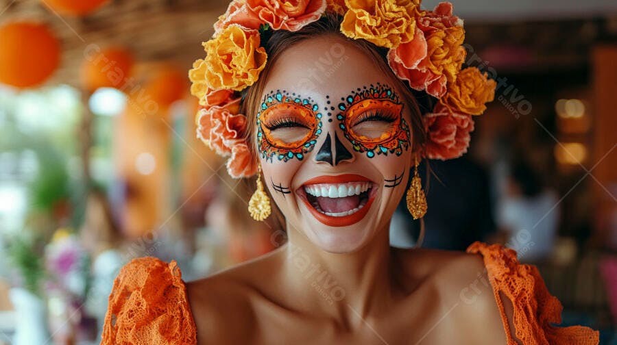 Foto Mulher Maquiagem Caveira Mexicana Dia dos Mortos Sorrindo