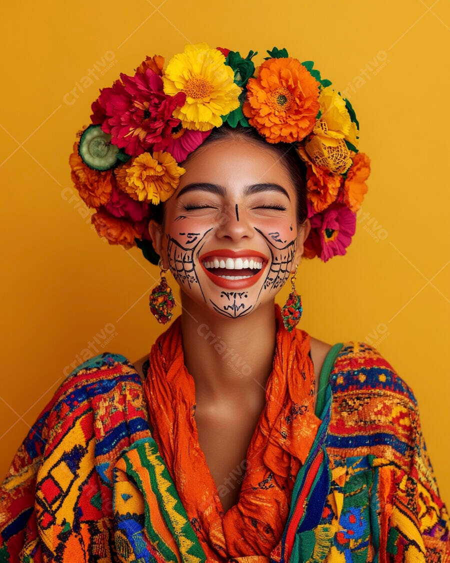 Foto Mulher Sorrindo Maquiagem Facial Flores Coloridas Fundo Amarelo