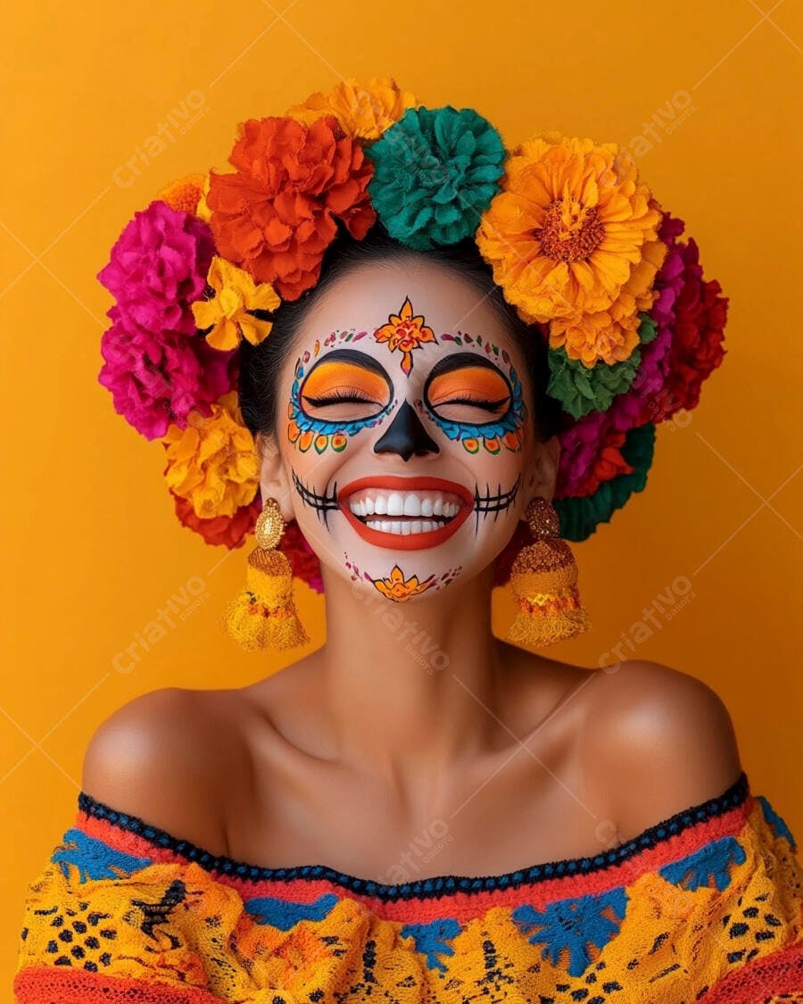Foto Mulher Mexicana Maquiagem Calavera Dia dos Mortos Sorrindo
