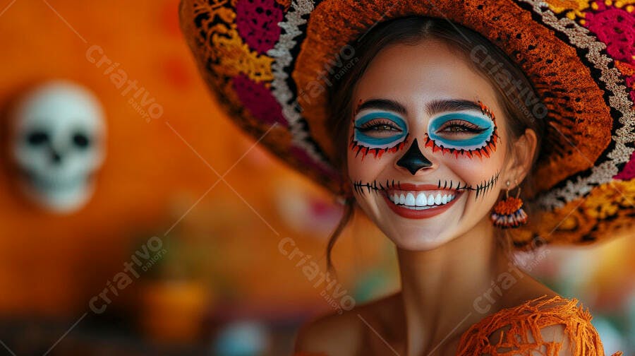 Foto Mulher Maquiagem Caveira Mexicana Sombrero Dia dos Mortos
