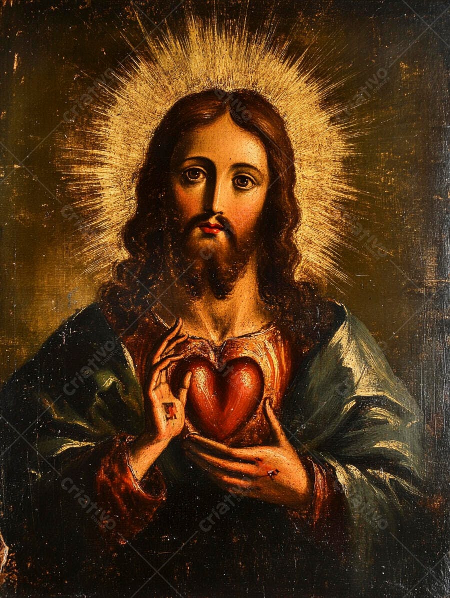 Pintura Jesus Cristo Sagrado Coração com Auréola Dourada
