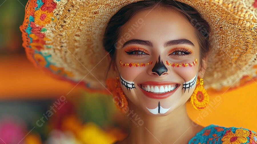 Foto Mulher Maquiagem Mexicana Chapéu Sombrero Sorrindo Feliz