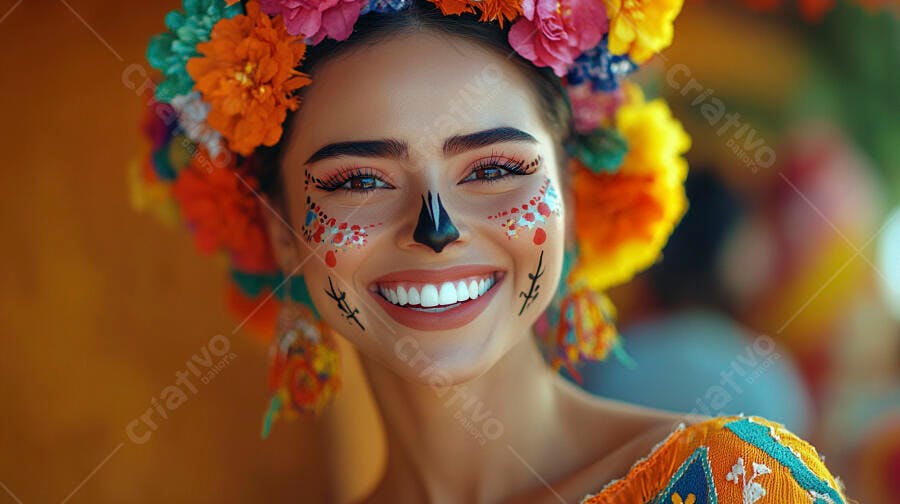 Foto Mulher Maquiagem Mexicana Dia dos Mortos Sorrindo Flores