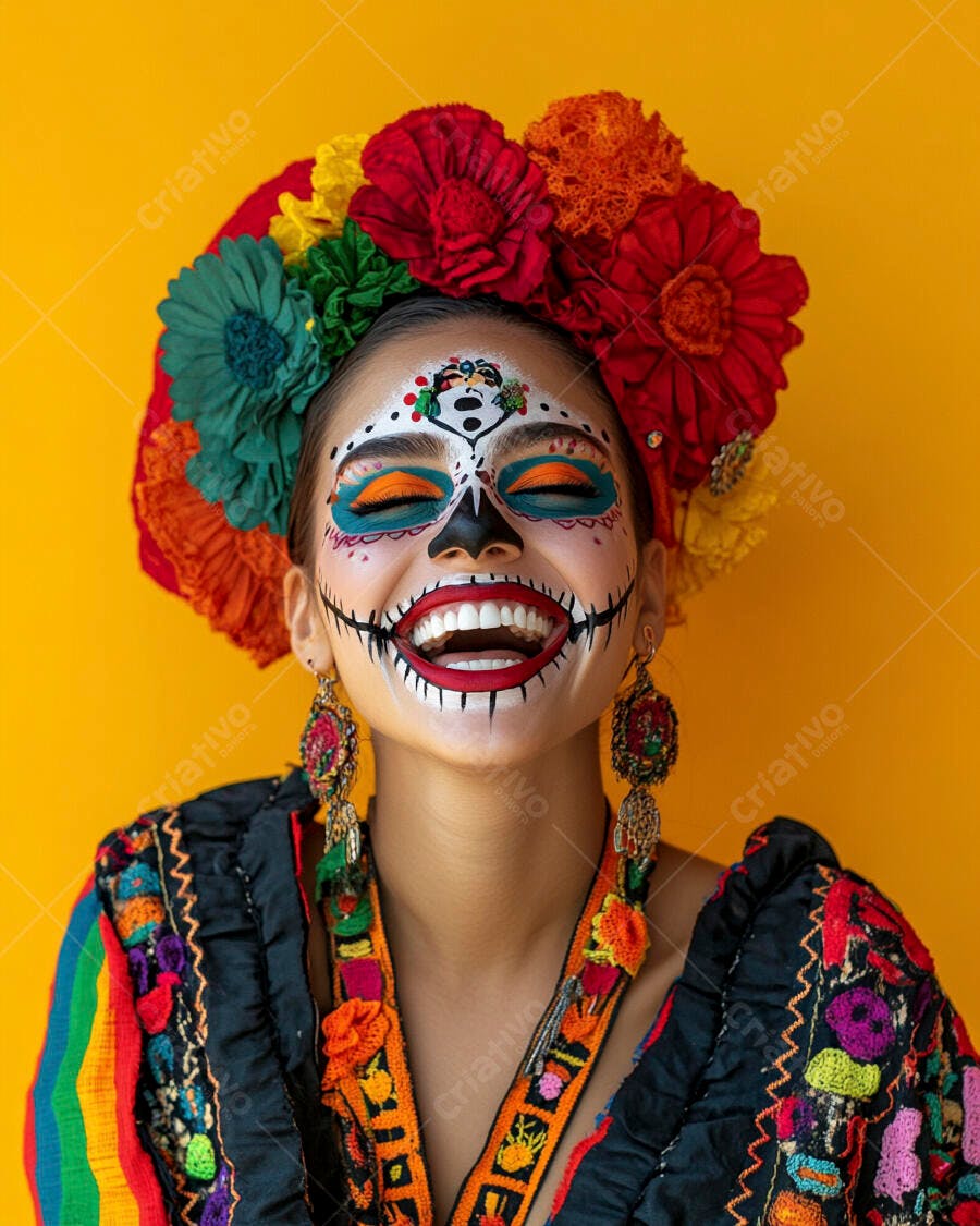 Foto Mulher Maquiagem Caveira Mexicana Sorrindo Dia dos Mortos