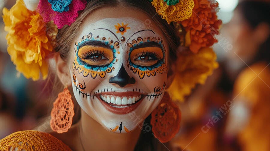 Foto Mulher Maquiagem Caveira Mexicana Sorrindo Dia dos Mortos