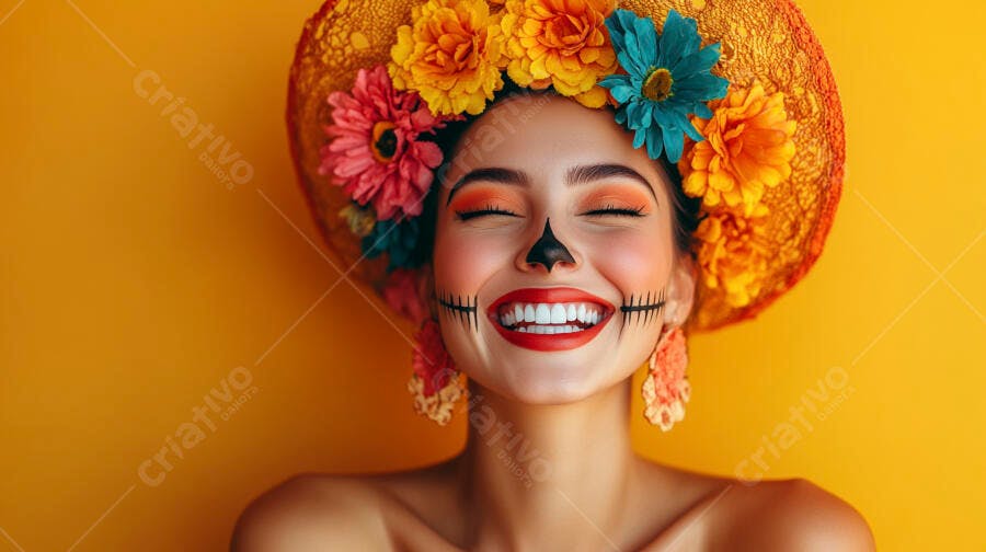 Foto Mulher Maquiagem Caveira Mexicana Flores Coloridas Halloween