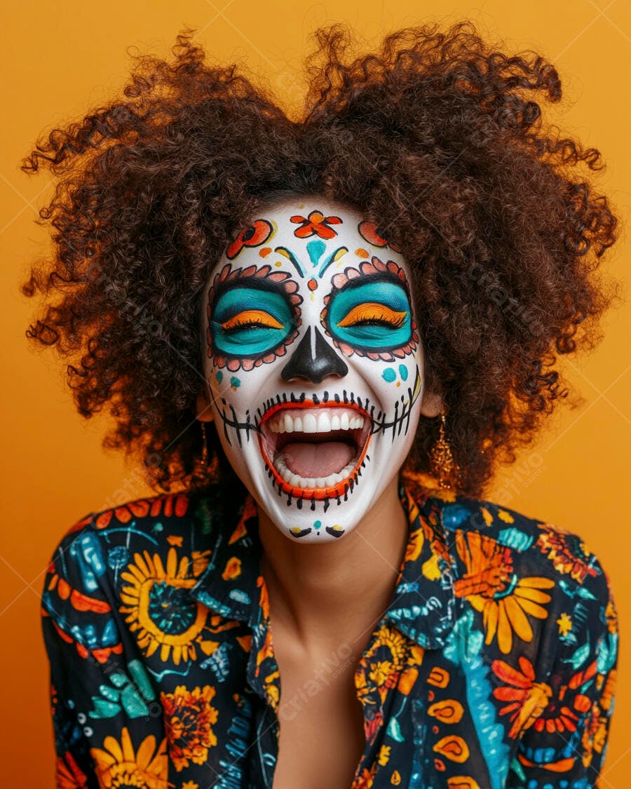 Foto Mulher Negra Maquiagem Caveira Mexicana Halloween Fundo Laranja