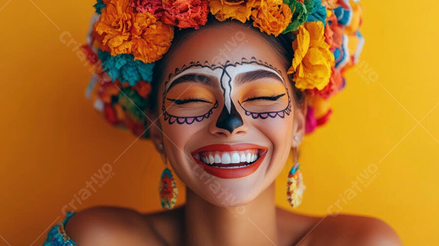 Foto Mulher Maquiagem Caveira Mexicana Dia dos Mortos Sorrindo