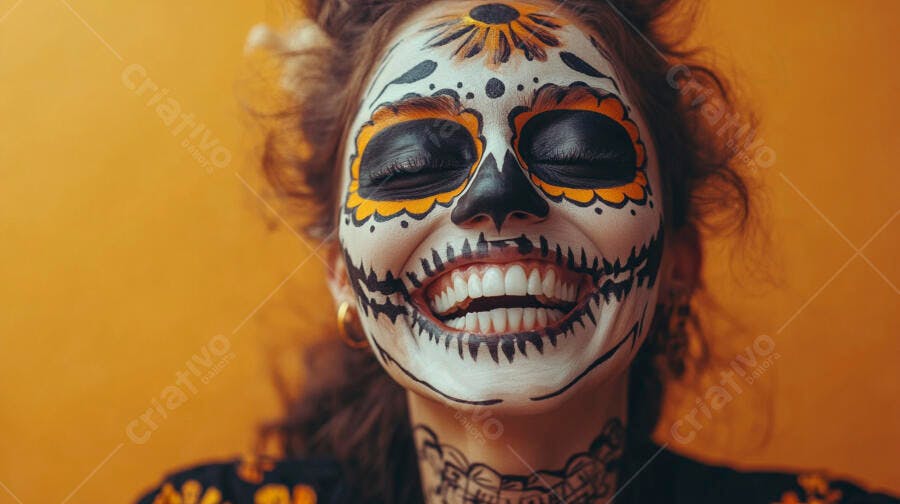 Foto Mulher Maquiagem Caveira Mexicana Sorrindo Halloween